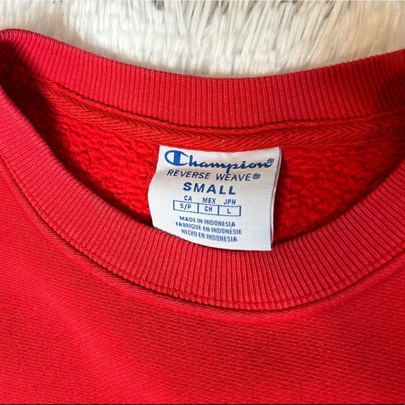 Champion Reverse Weave Red Crew Neck Pullover Sweatshirt Black Script Logo - Picture 7 of 8